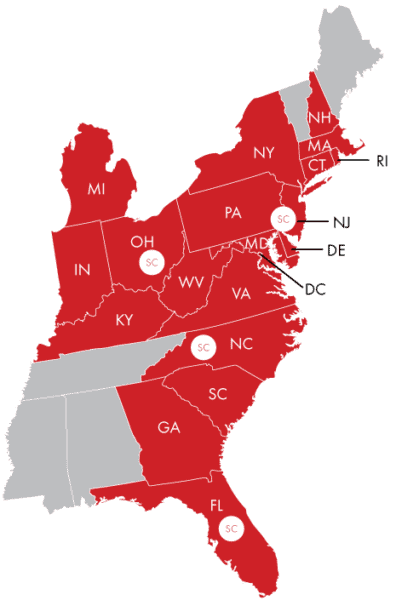 regional carrier LaserShip's one-day service area map