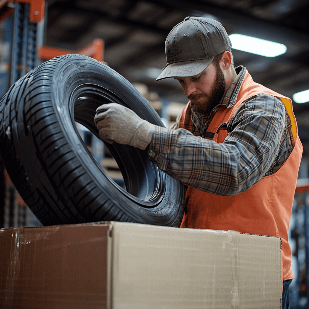 Placing a tire into a box Man placing tire into a box