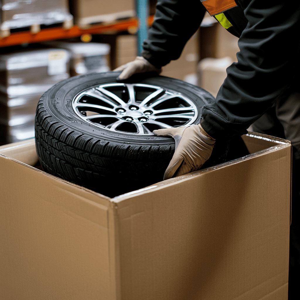 Warehouse worker placing tire Placing a tire into a box