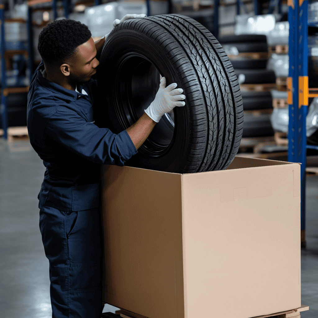 Warehouse worker shipping a tire Warehouse worker shipping a tire